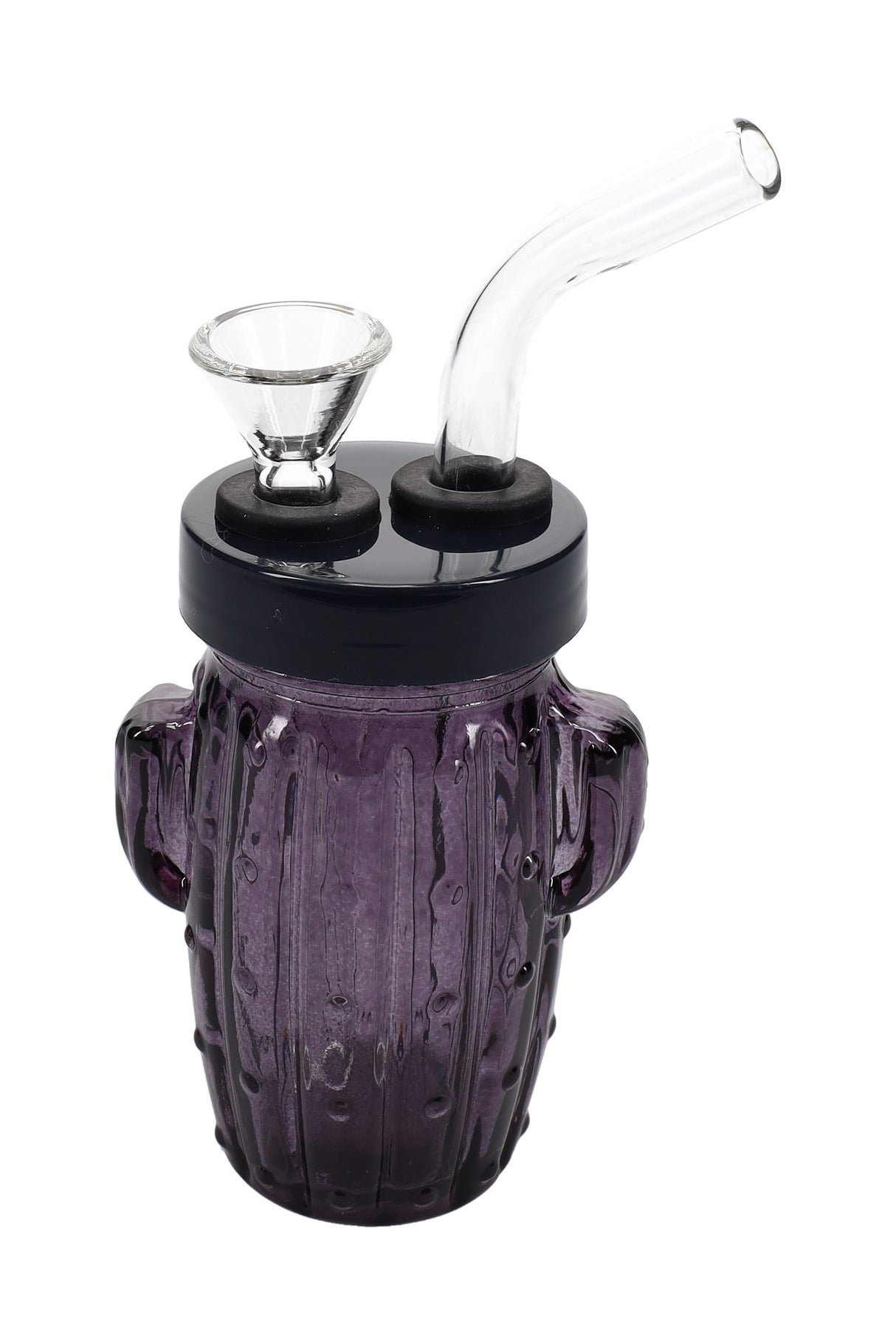 Side profile of mini 3.5-inch black cactus-inspired glass water pipe standing upright on clean white surface.