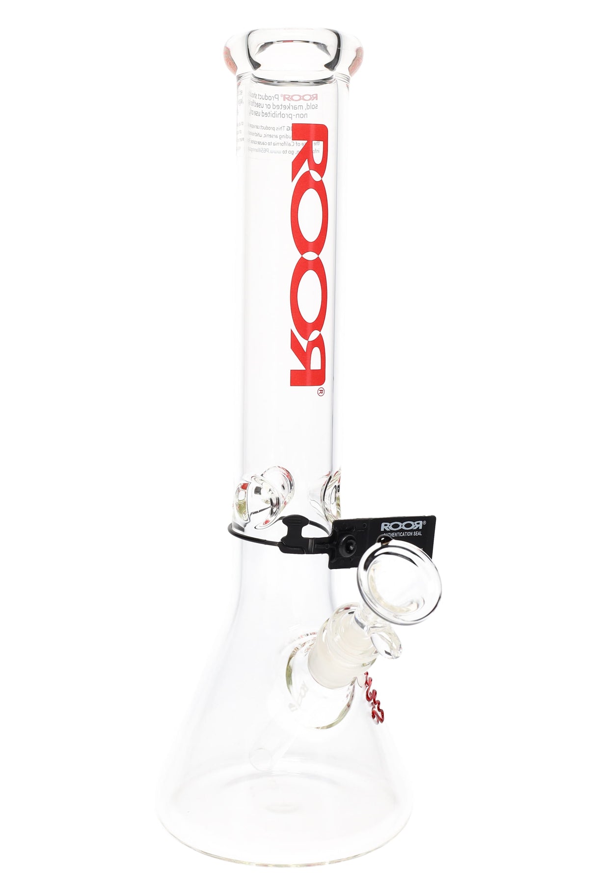 Clear ROOR 5 mm beaker bong with red vertical ROOR logo, glass-on-glass downstem and bowl, ice pinch.