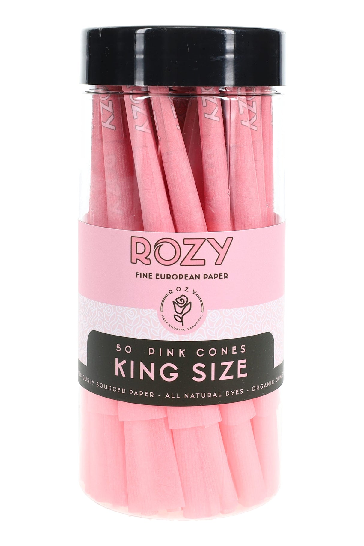 ROZY 50-count jar of king size pink pre-rolled cones with fine European paper callouts, all-natural dyes and organic gum label.