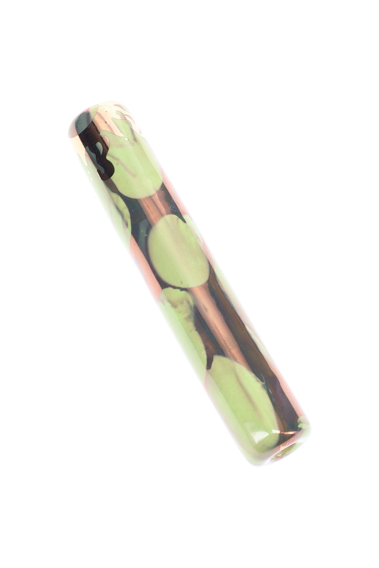 Close-up green ceramic one-hitter bat with marbled glaze and subtle gold detailing, rounded tip micro pipe.