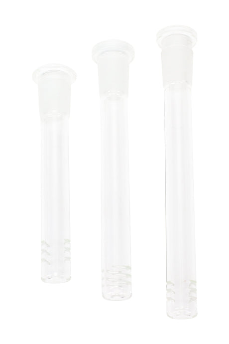 Glass downstem adapter, 18.8 mm to 14.5 mm GoG reducer for bongs, clear joint piece that fits 18.8 mm female and accepts 14.5 mm male bowls.