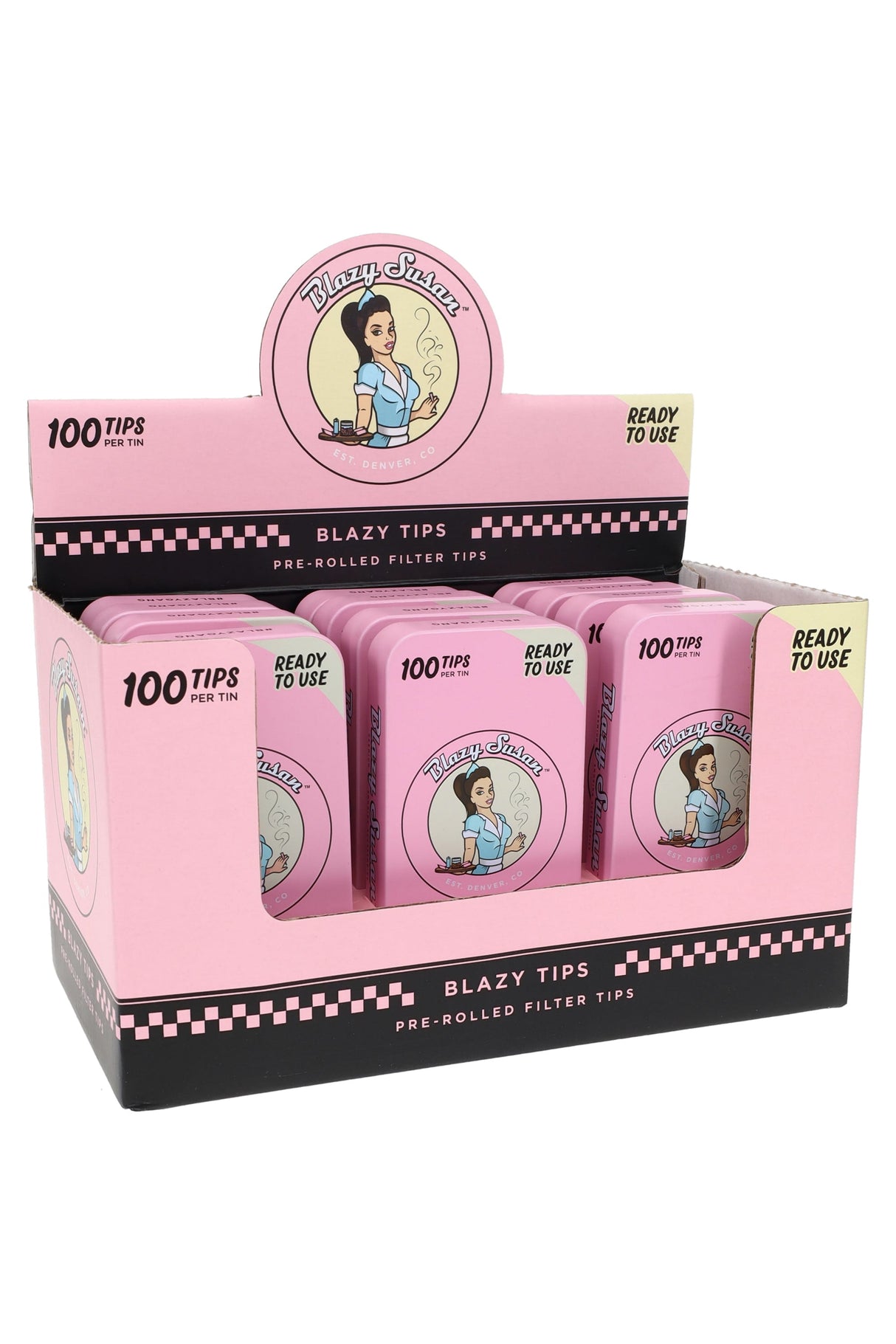 Front view of Blazy Susan display box holding pink tins of pre-rolled filter tips, each tin marked 100 tips and ready to use.