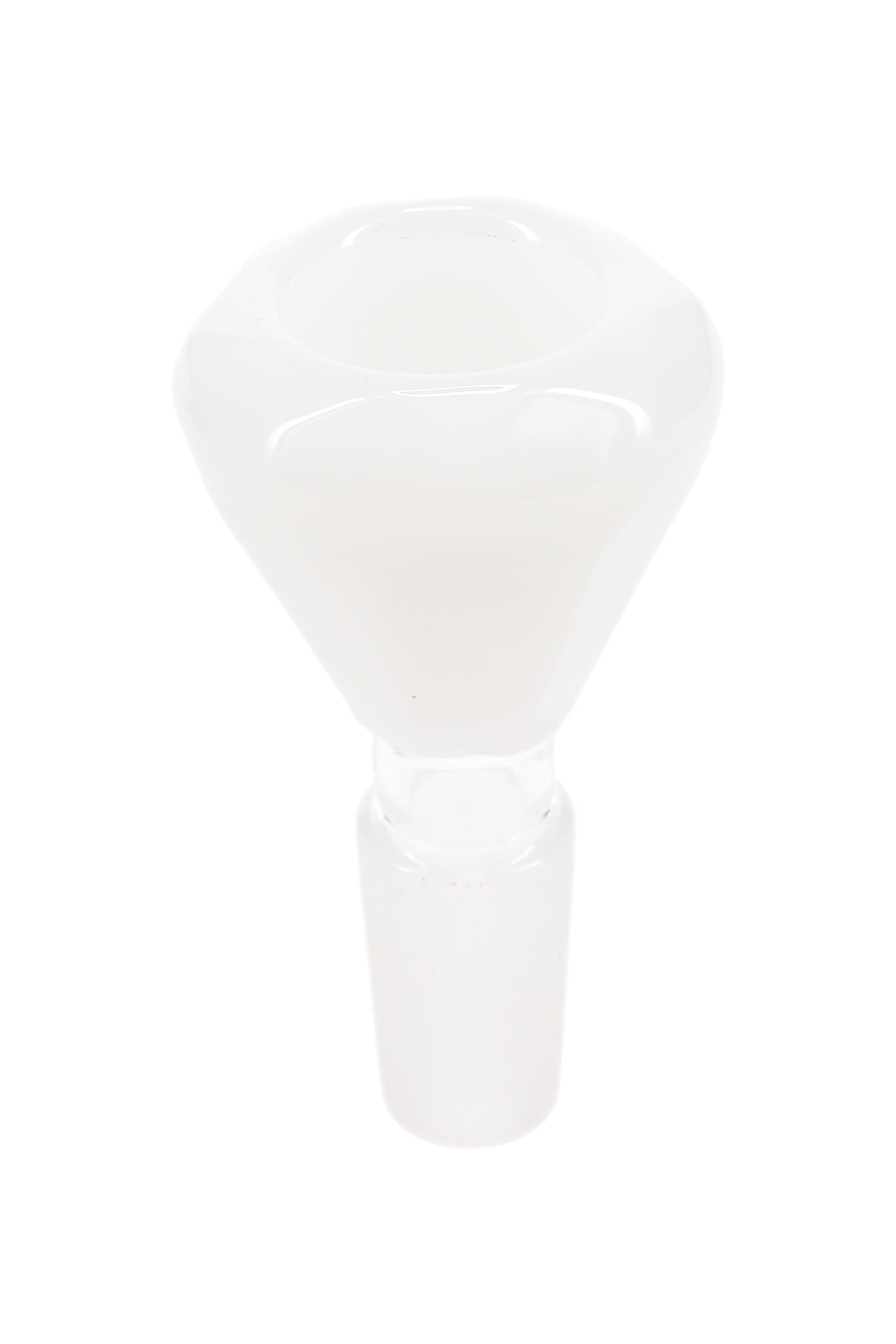 Opaque white diamond-cut glass bong bowl with 14.5 mm male ground joint and faceted rim; simple replacement slide.