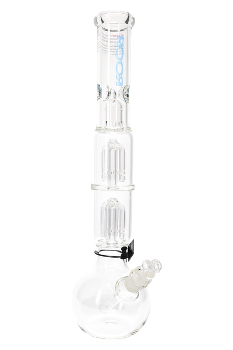 ROOR Tech 17-inch bubble-base bong featuring dual tree percolators and blue logo, thick 5 mm borosilicate on a round base.