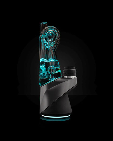 Side profile of Peak Pro with Ryan Fitt Recycler Glass 2.0, turquoise-lit water traveling through the external looped recycler.