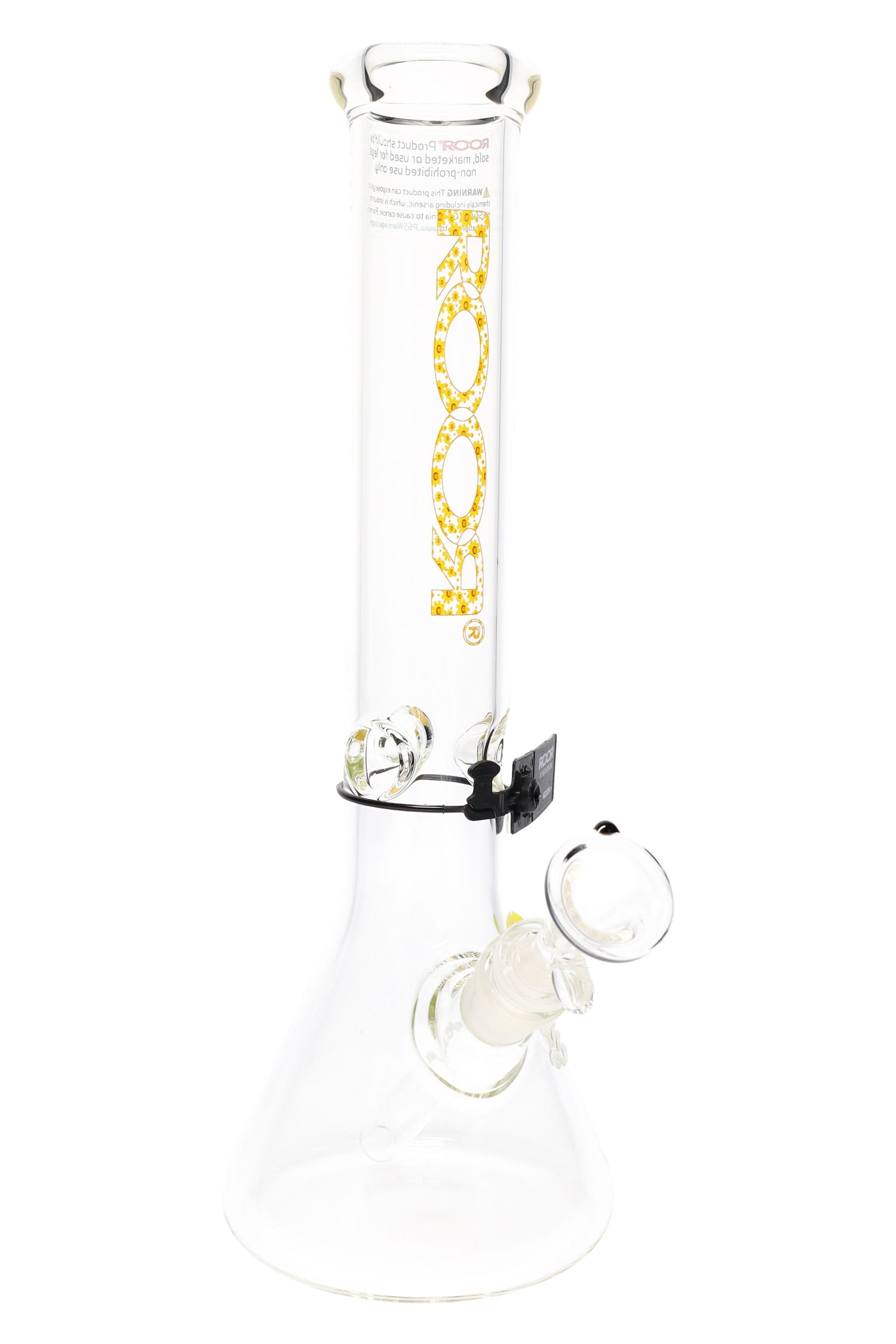 Clear ROOR 5 mm beaker bong with yellow patterned ROOR logo, glass-on-glass downstem and bowl, ice pinch.