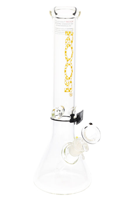 Clear ROOR 5 mm beaker bong with yellow patterned ROOR logo, glass-on-glass downstem and bowl, ice pinch.