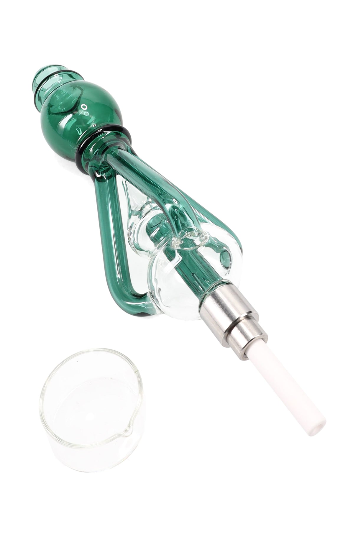 Dark green recycler dab straw kit with ceramic tip and glass dish; 9-inch smooth-pull concentrate straw.