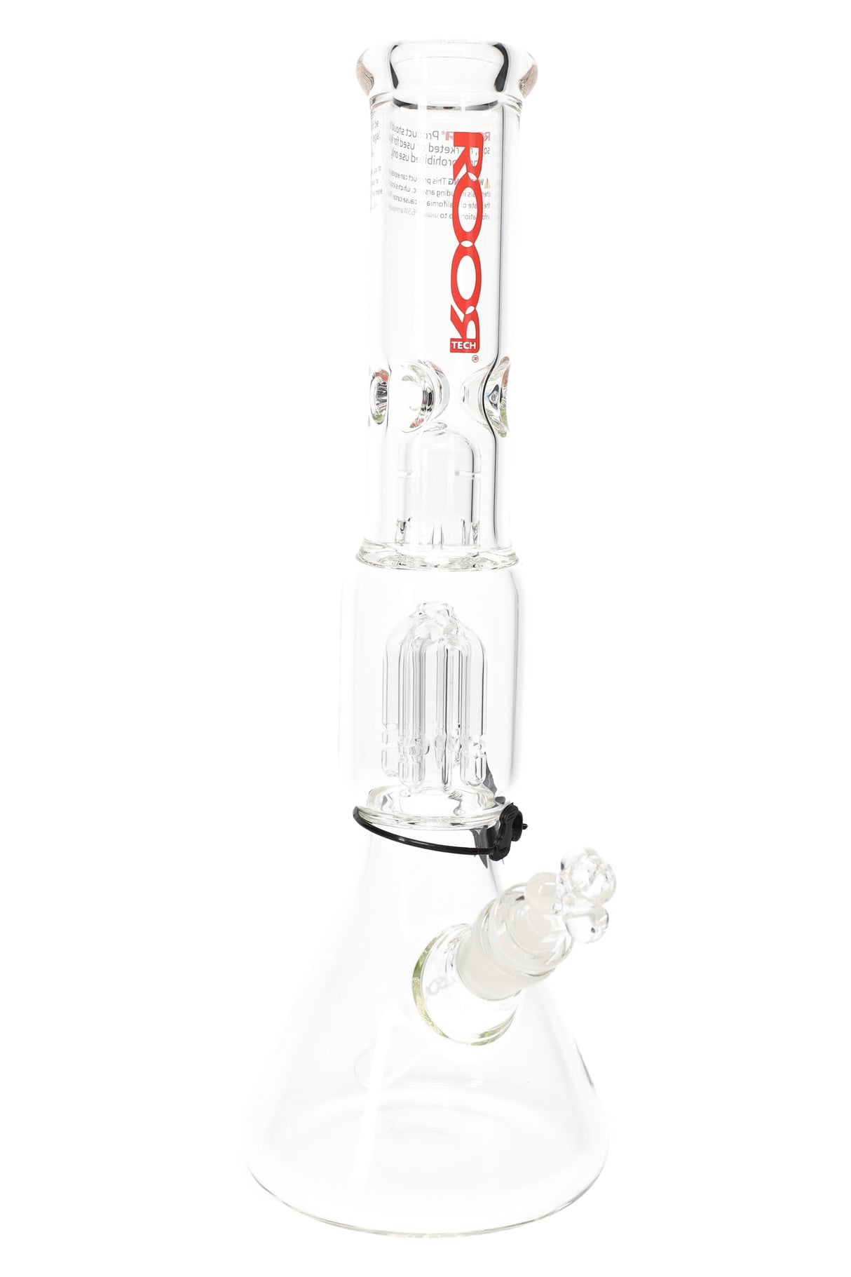 ROOR Tech 14-inch Beaker Bong, 5mm Thick Glass with Tree Perc and Ice Pinch – clear, red ROOR logo – front angle
