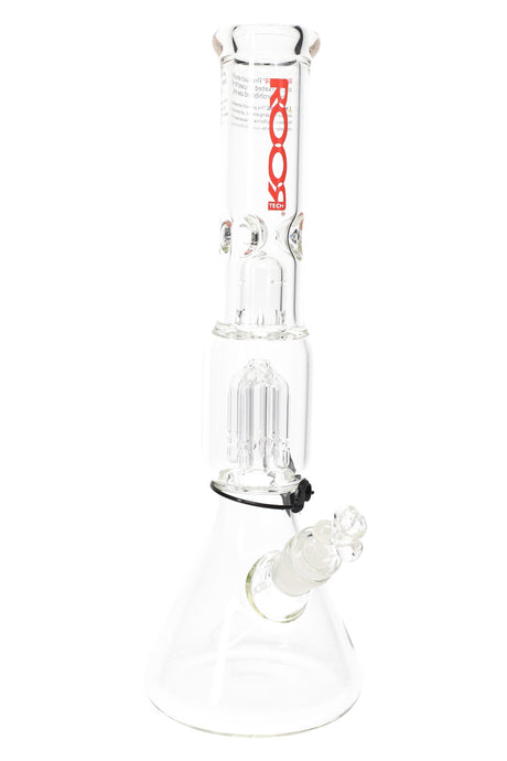 ROOR Tech 14-inch Beaker Bong, 5mm Thick Glass with Tree Perc and Ice Pinch – clear, red ROOR logo – front angle