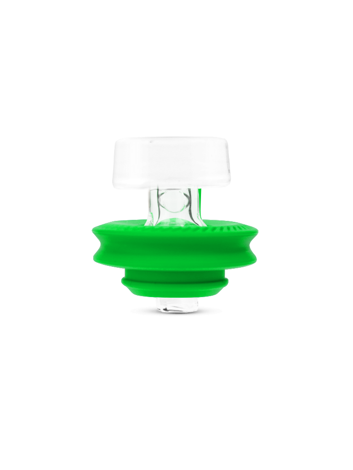 Front view of green Peak Pro ball cap; clear directional glass cap and textured green silicone ring on a white background.