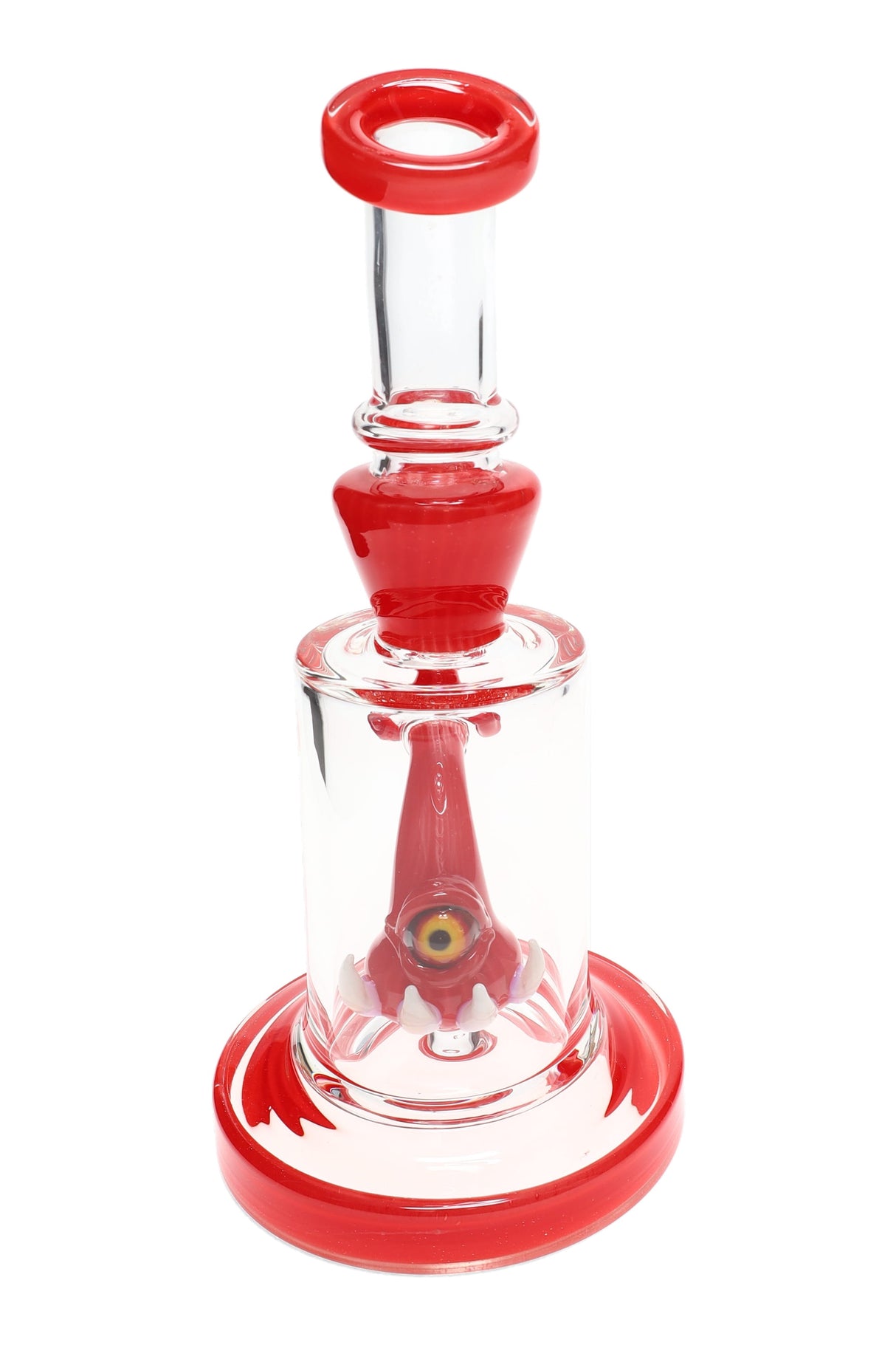 Rear view of compact straight shooter glass bong showing internal cyclops sculpture and flared mouthpiece on a stable base.