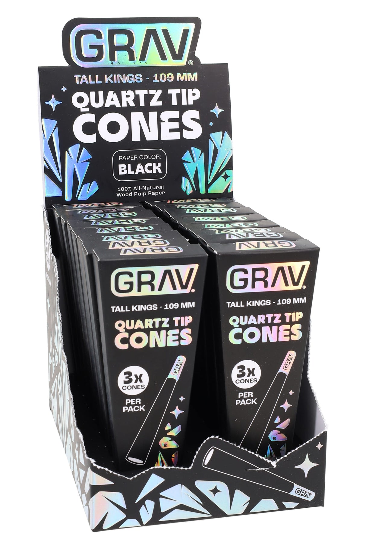 GRAV 109 mm Tall Kings quartz tip cones display in black paper; 16 packs shown, 3 cones per pack.