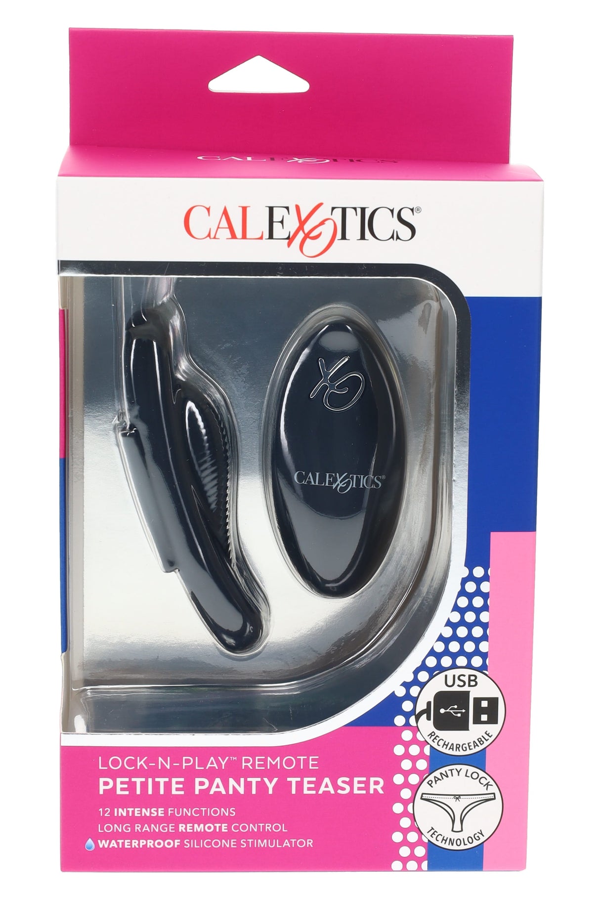 CalExotics Lock-N-Play Remote Petite Panty Teaser box showing stimulator and remote, USB rechargeable and waterproof icons