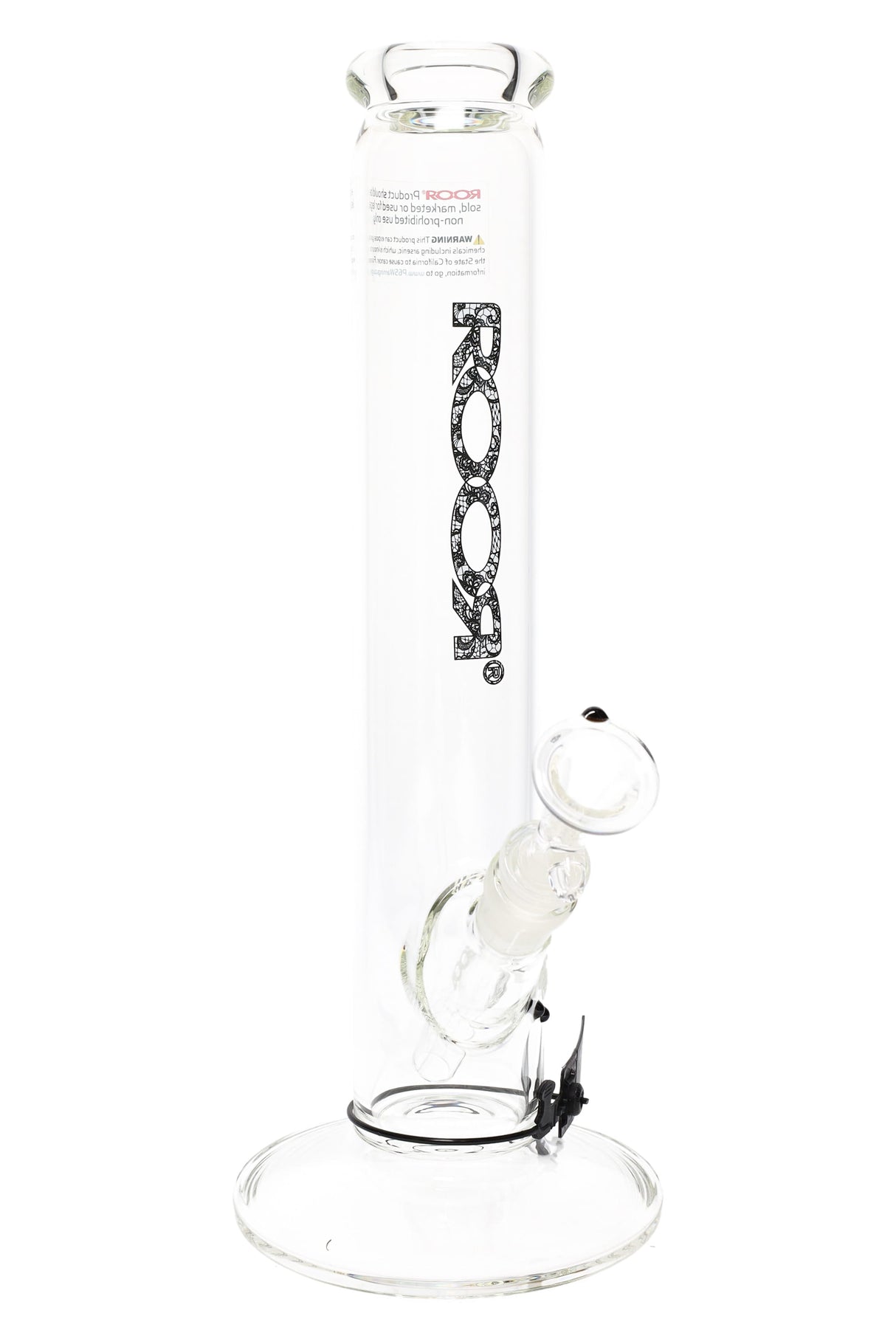 Clear ROOR Zumo 14-inch straight tube with patterned black lace ROOR logo, glass-on-glass downstem and bowl on wide round base.
