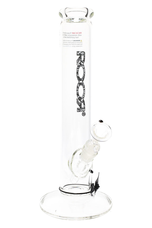 Clear ROOR Zumo 14-inch straight tube with patterned black lace ROOR logo, glass-on-glass downstem and bowl on wide round base.