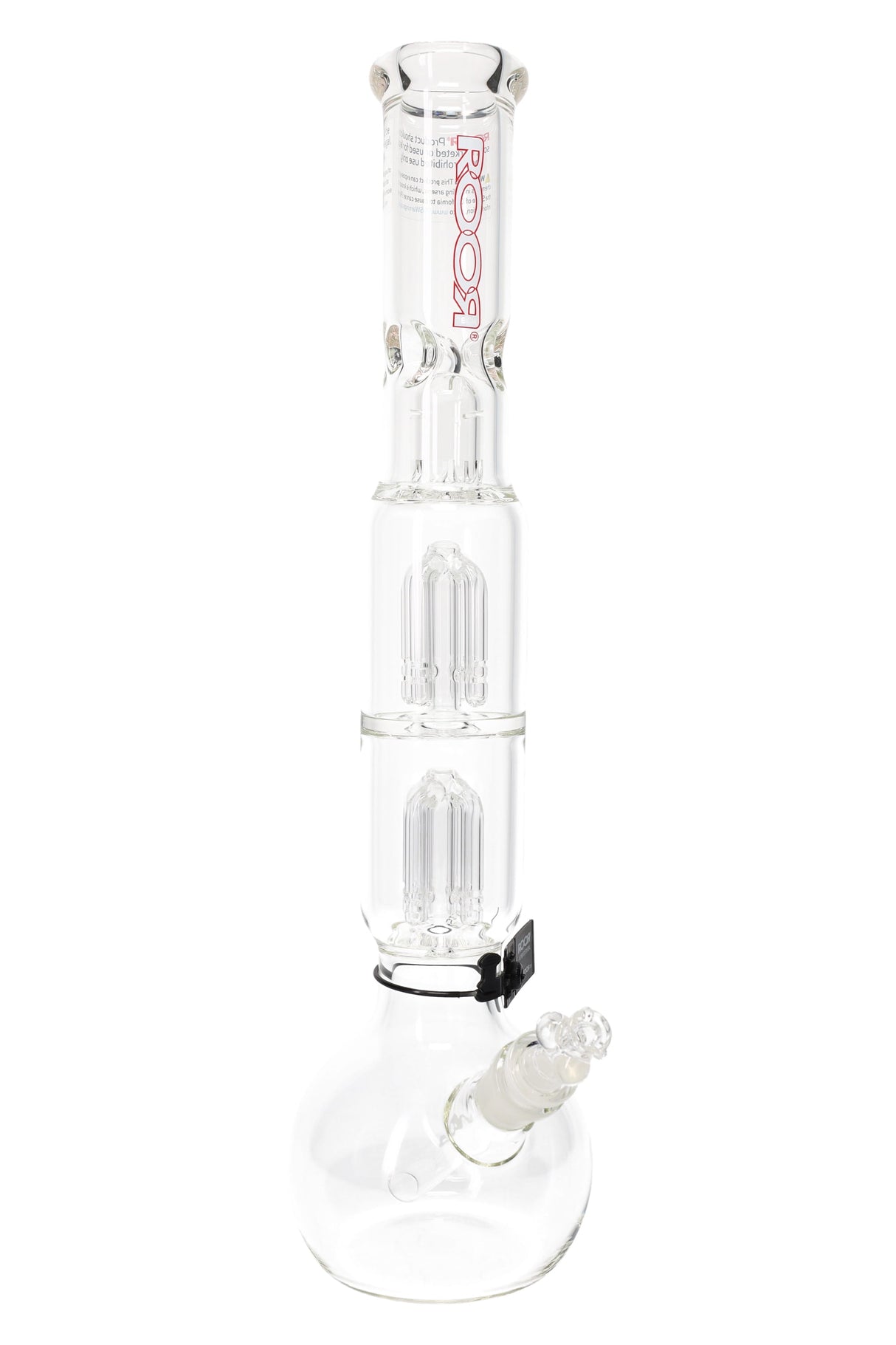 ROOR Tech 17-inch bubble-base glass bong with dual tree percs and red logo, clear straight neck and removable downstem with bowl attached.
