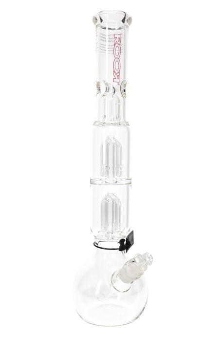 ROOR Tech 17-inch bubble-base glass bong with dual tree percs and red logo, clear straight neck and removable downstem with bowl attached.