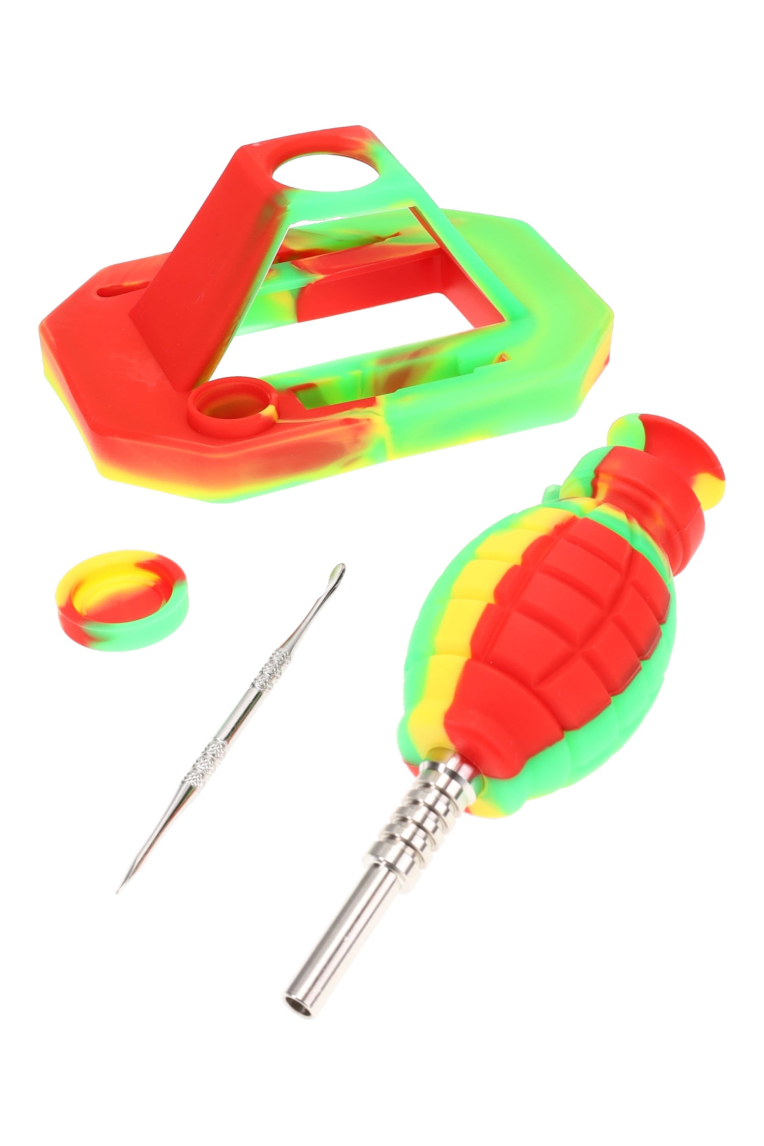 Disassembled silicone grenade dab straw kit showing stand, grenade straw with metal tip, dab tool, and silicone jar.