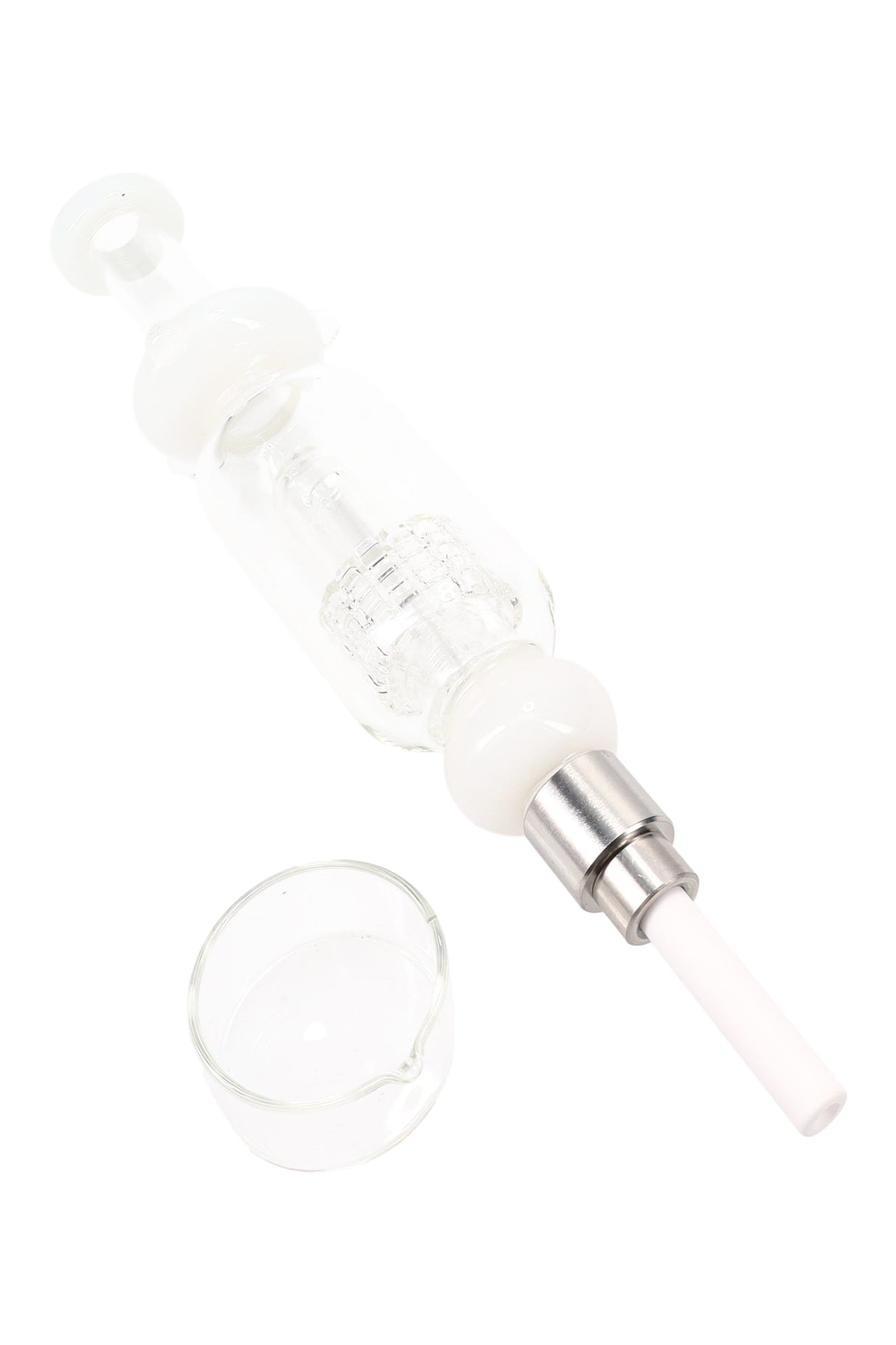 White-accent matrix perc dab straw featuring ceramic tip and included glass dish; compact 8½-inch setup.