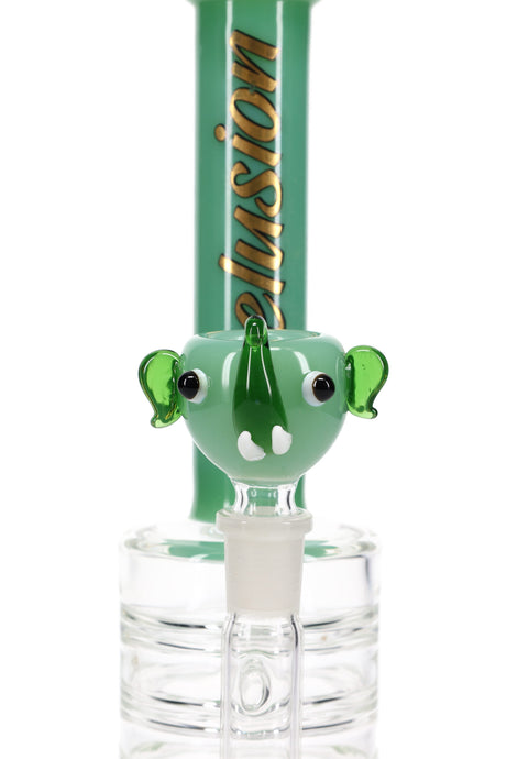 Close-up of green elephant glass bowl attached to Delusion straight tube bong, highlighting the whimsical tusks and trunk detail.