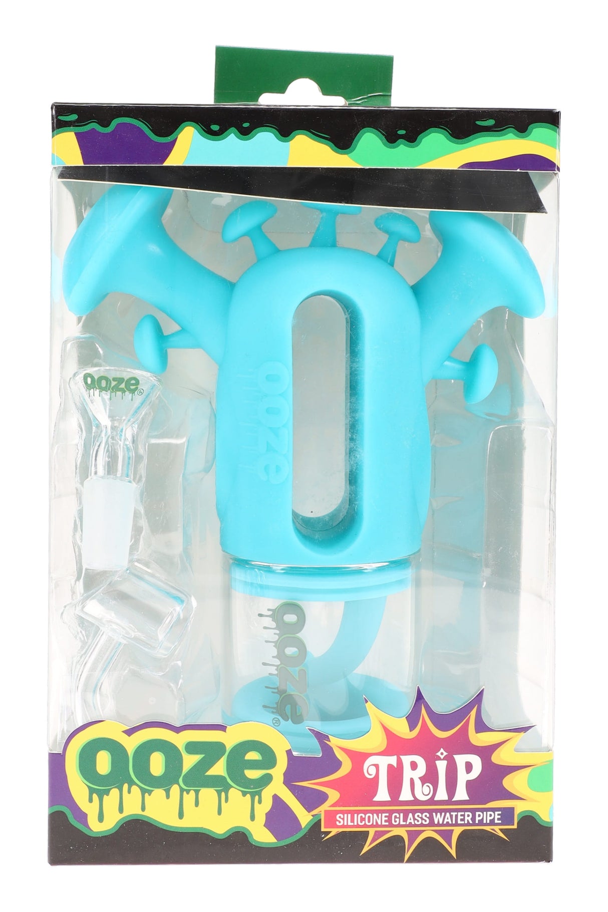Teal Ooze “Trip” hybrid bubbler in packaging, showing 14 mm female joint with included quartz banger and glass bowl slide.