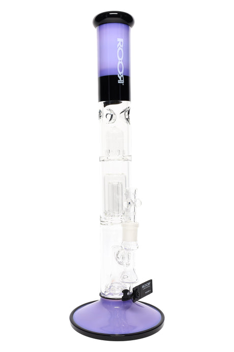 Purple/black ROOR Tech glass bong, 18″ straight tube with dome, barrel, and showerhead percs, stemless 18.8 mm female joint, ice pinch, flared base.