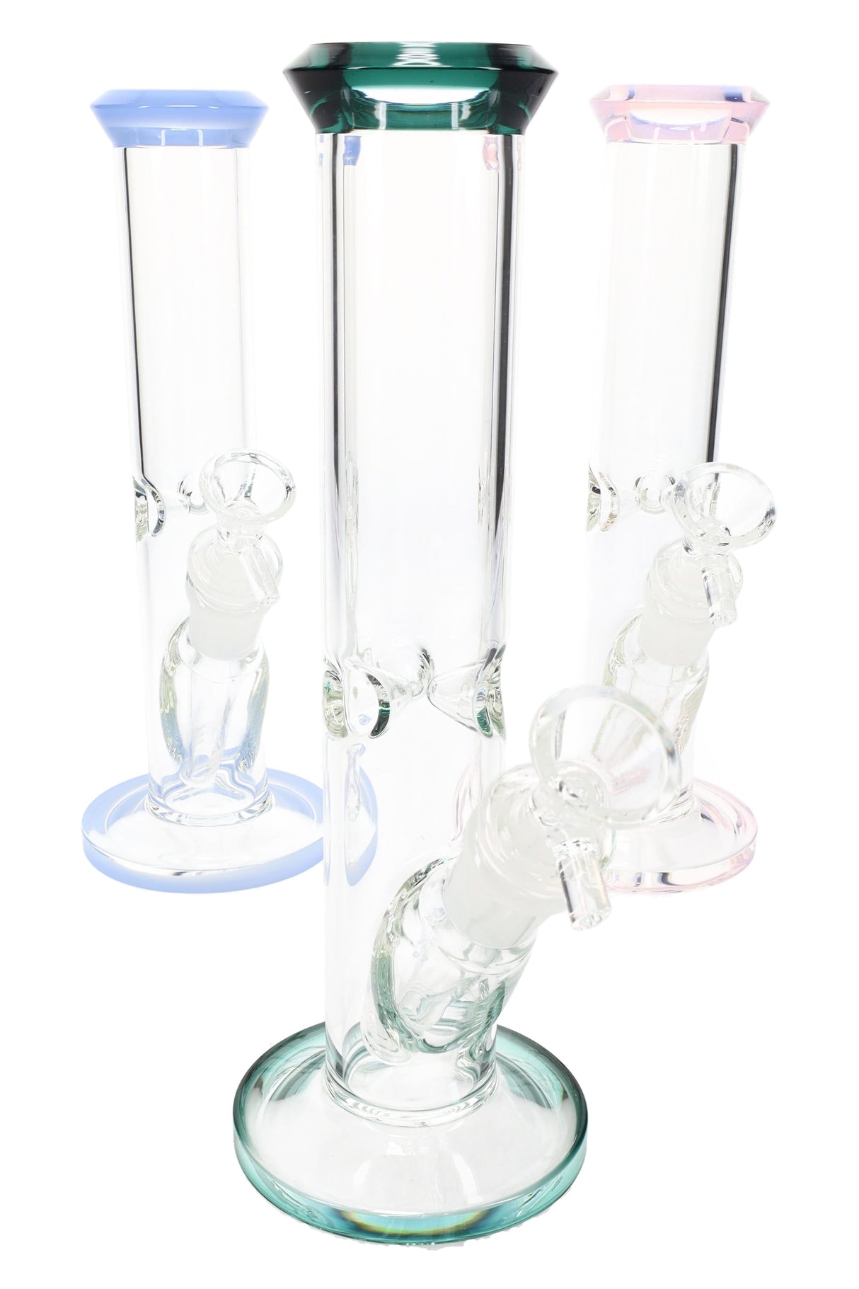 9″ straight tube glass bong with colored rim and base accents, glass-on-glass joint and matching herb slide, compact clear design for dry herb.
