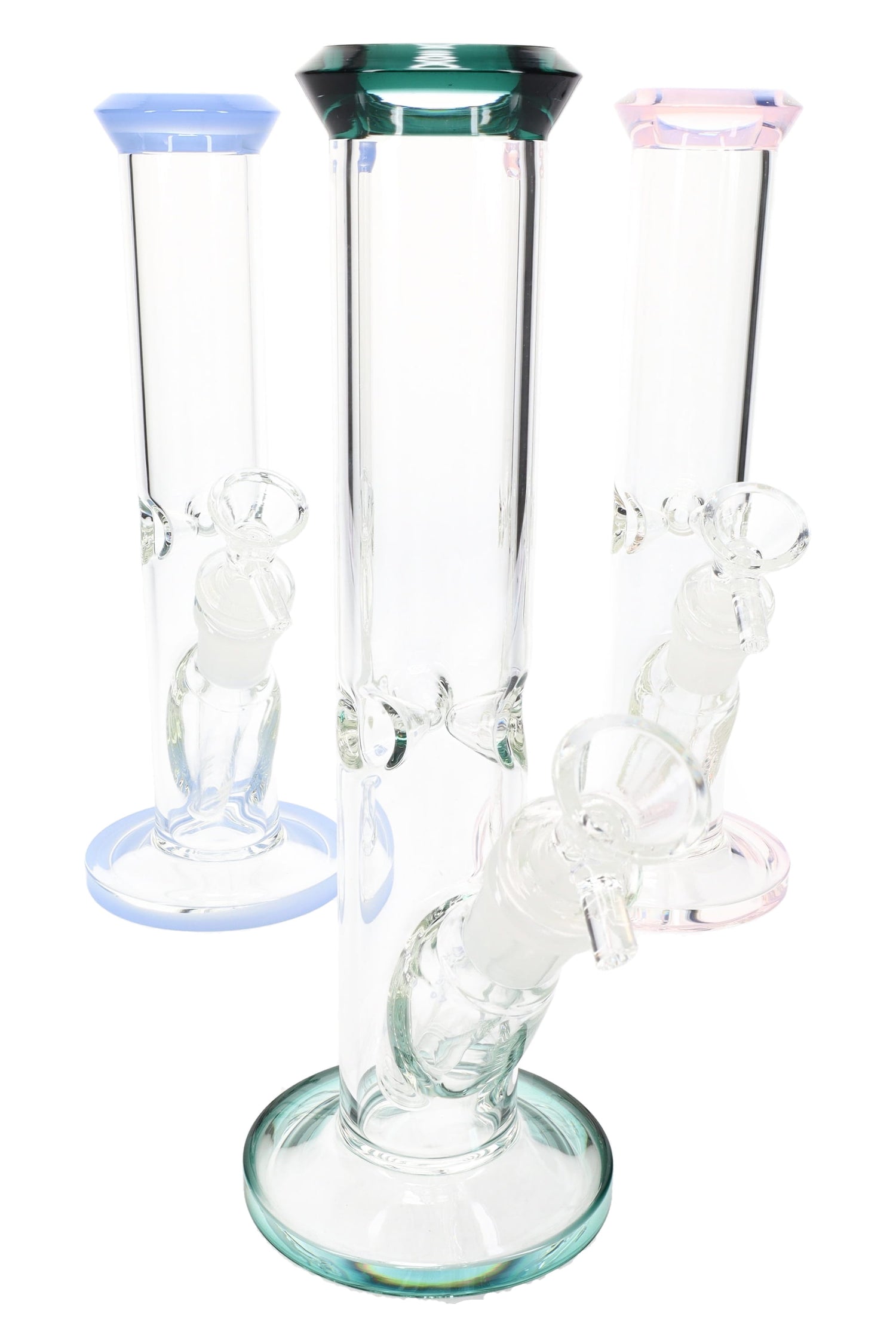 9″ straight tube glass bong with colored rim and base accents, glass-on-glass joint and matching herb slide, compact clear design for dry herb.