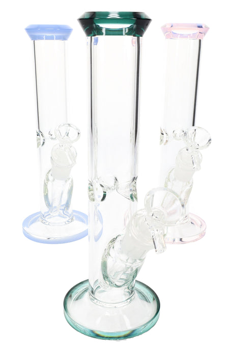 9″ straight tube glass bong with colored rim and base accents, glass-on-glass joint and matching herb slide, compact clear design for dry herb.