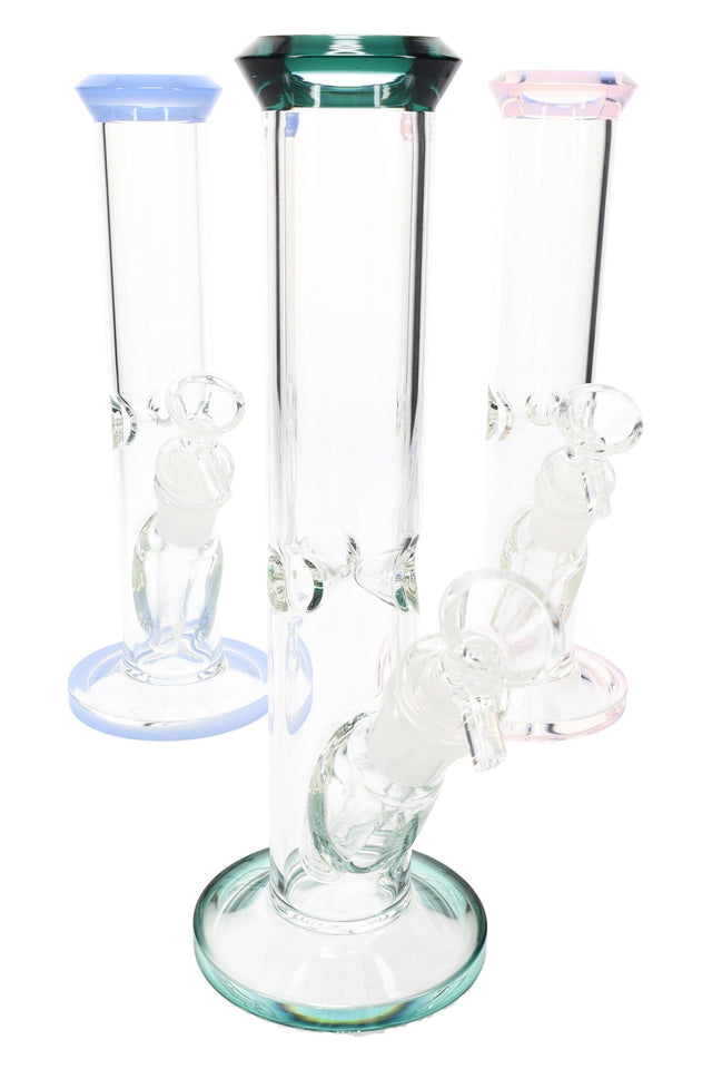 9″ straight tube glass bong with colored rim and base accents, glass-on-glass joint and matching herb slide, compact clear design for dry herb.