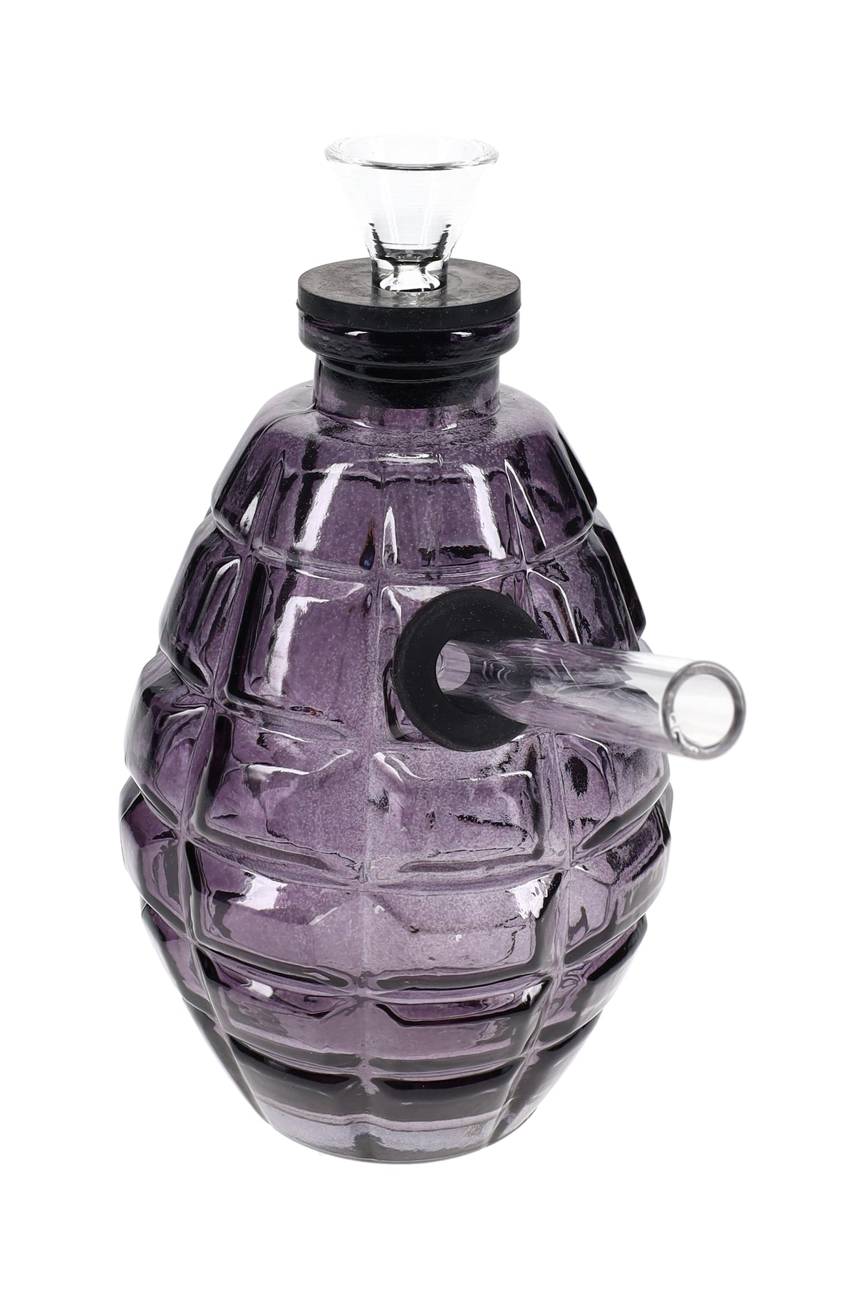 Black grenade-shaped glass bong with clear bowl, short angled mouthpiece, and textured shell design