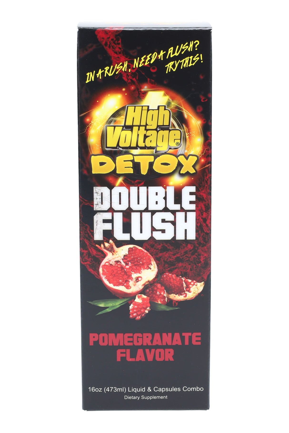 High Voltage Double Flush detox box, Pomegranate flavor, red splash design with fruit image and dietary supplement text.