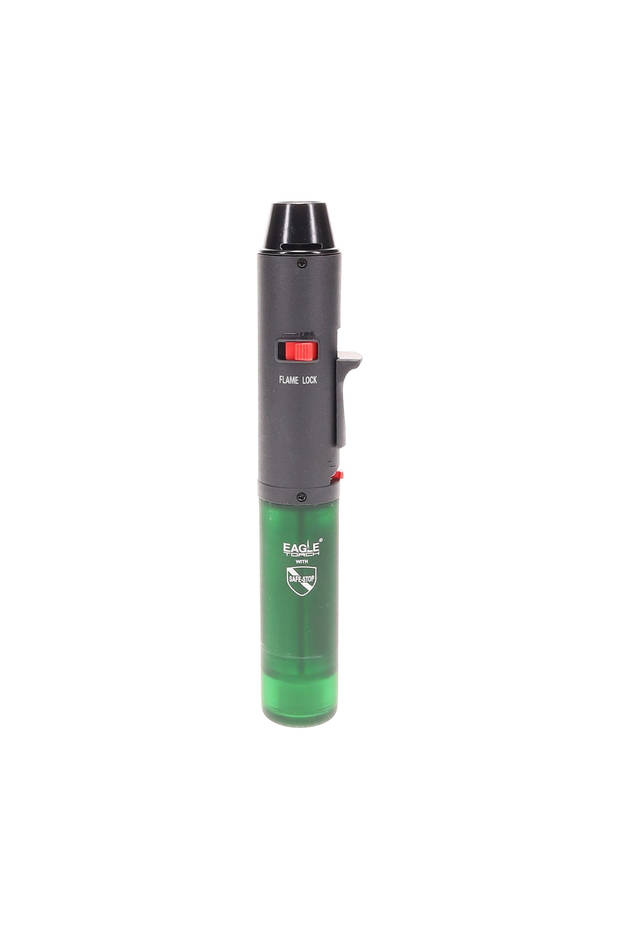 Single Eagle pen torch lighter with green body, black top, and visible flame-lock switch and Safe-Stop logo, slim jet torch shown on a white background.