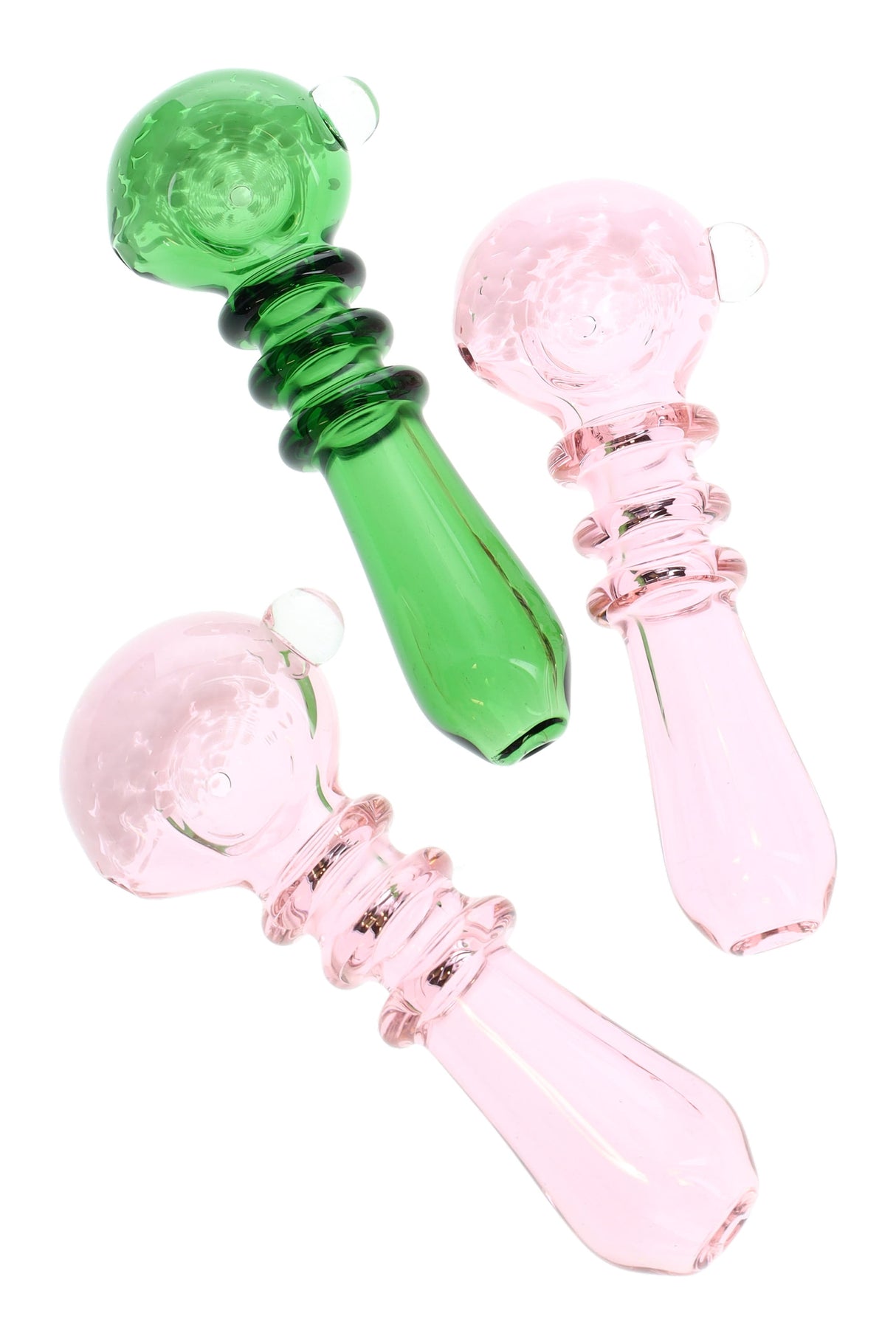 4½-inch colored glass spoon with white frit bowl, triple ring grip, and clear side carb, shown in pink and green assorted colors.