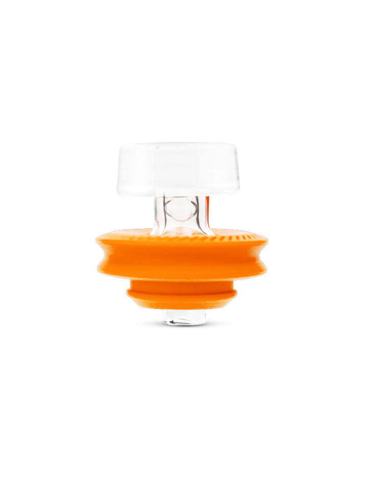Orange Peak Pro ball cap installed on the device, angled glass carb cap directing airflow over the atomizer bowl.