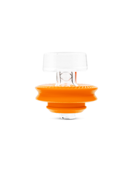 Orange Peak Pro ball cap installed on the device, angled glass carb cap directing airflow over the atomizer bowl.
