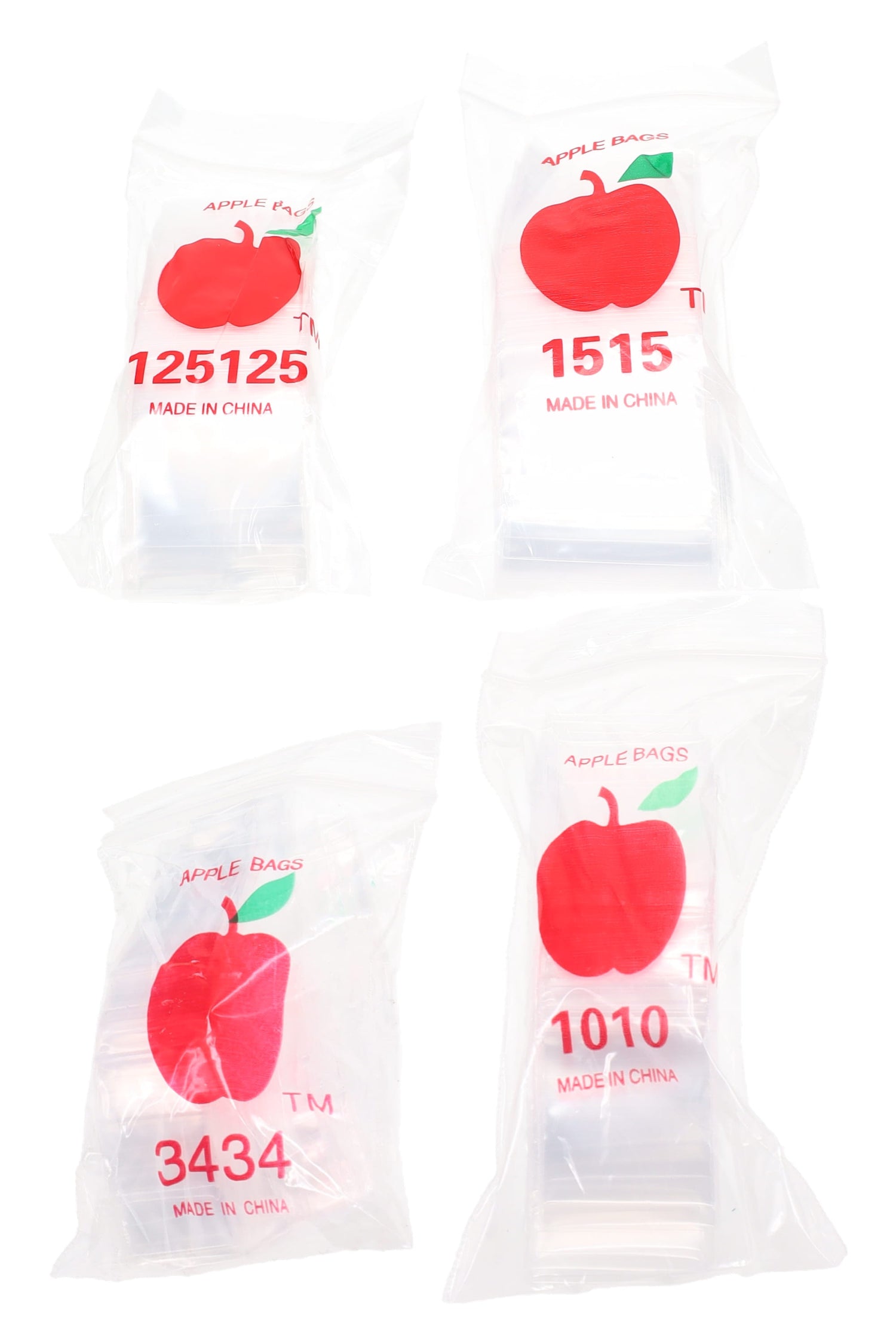 Four bundles of Apple Bags mini zip baggies labeled 125125, 1515, 3434, and 1010 arranged on a white background