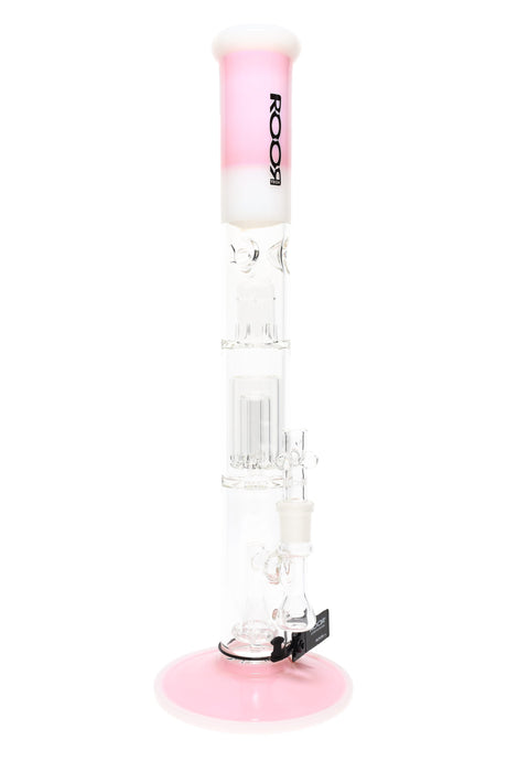 Pink/white ROOR Tech straight tube bong, 18″ with stacked multi percs and ice pinch, stemless design, clear chamber, wide lip and matching base accents.