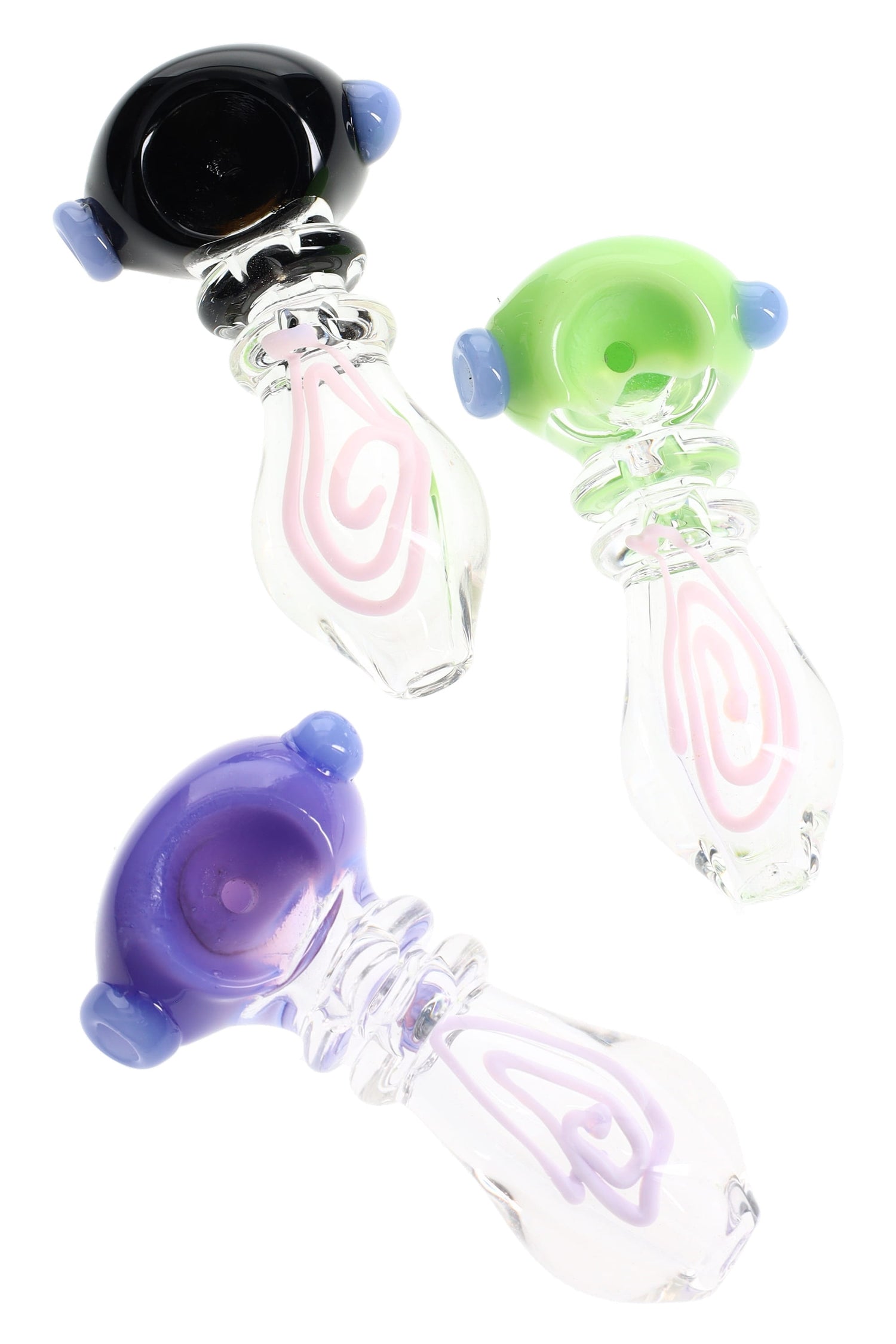 3½-inch clear borosilicate spoon pipe with colored bowl cap, ringed grip, and pink swirl stripe in the stem, shown in assorted colors.