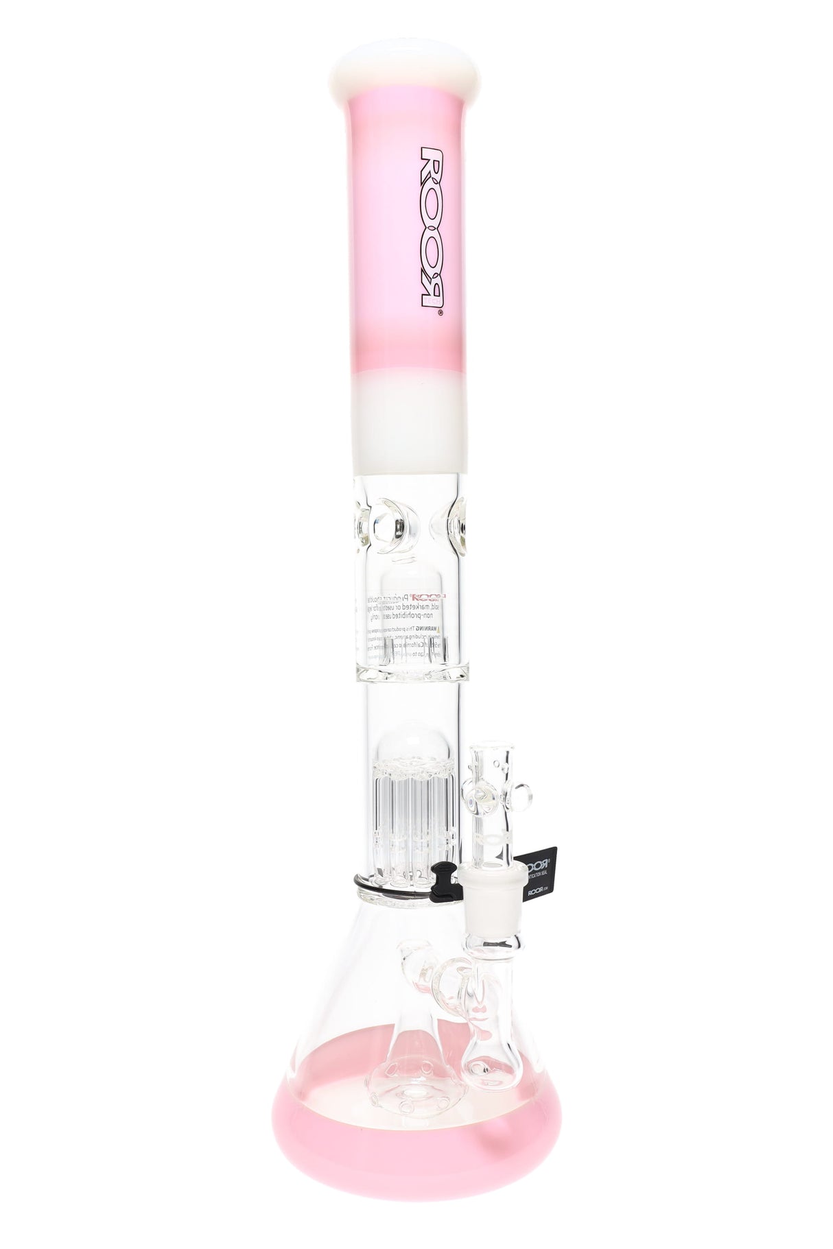 Pink-white ROOR Tech 18″ stemless beaker bong showing multi-perc stack, ice catcher, 5 mm glass, flared mouthpiece, and matching color-blocked base.