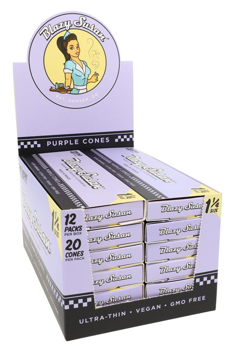 Blazy Susan 1¼ purple pre-rolled cones 12-count display, ultra-thin vegan GMO-free rolling paper packs.