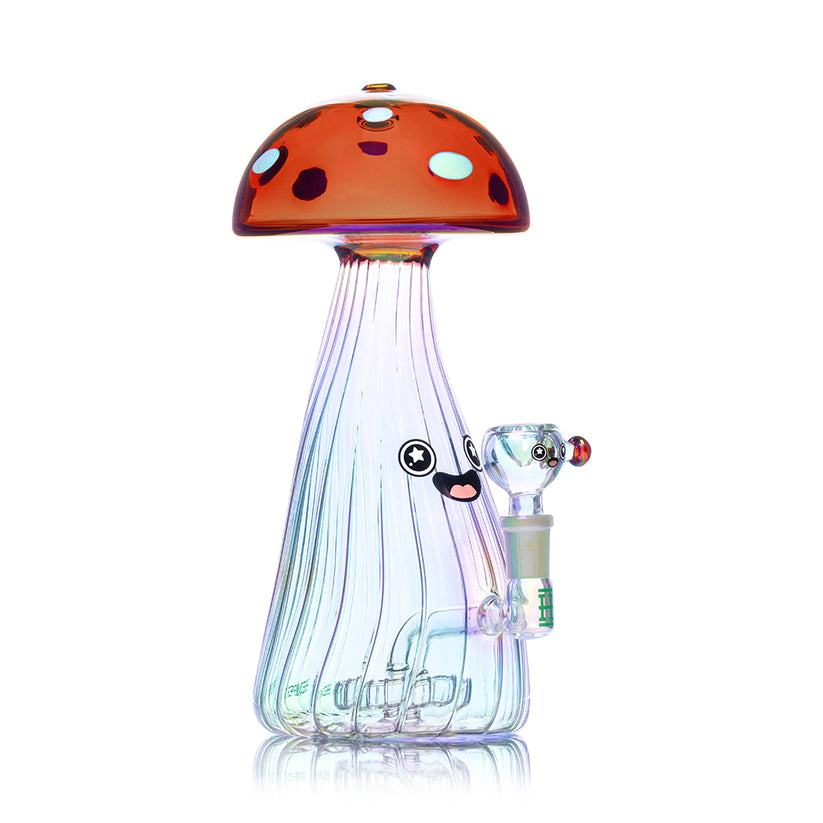 Rear view of Hemper Trippy Shroom XL glass bong displaying iridescent finish, showerhead perc chamber and included bowl.