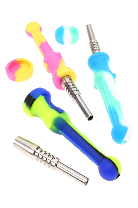 Colorful silicone dab straw with removable metal tip, compact travel size, marbled neon colors shown; assorted colorways.