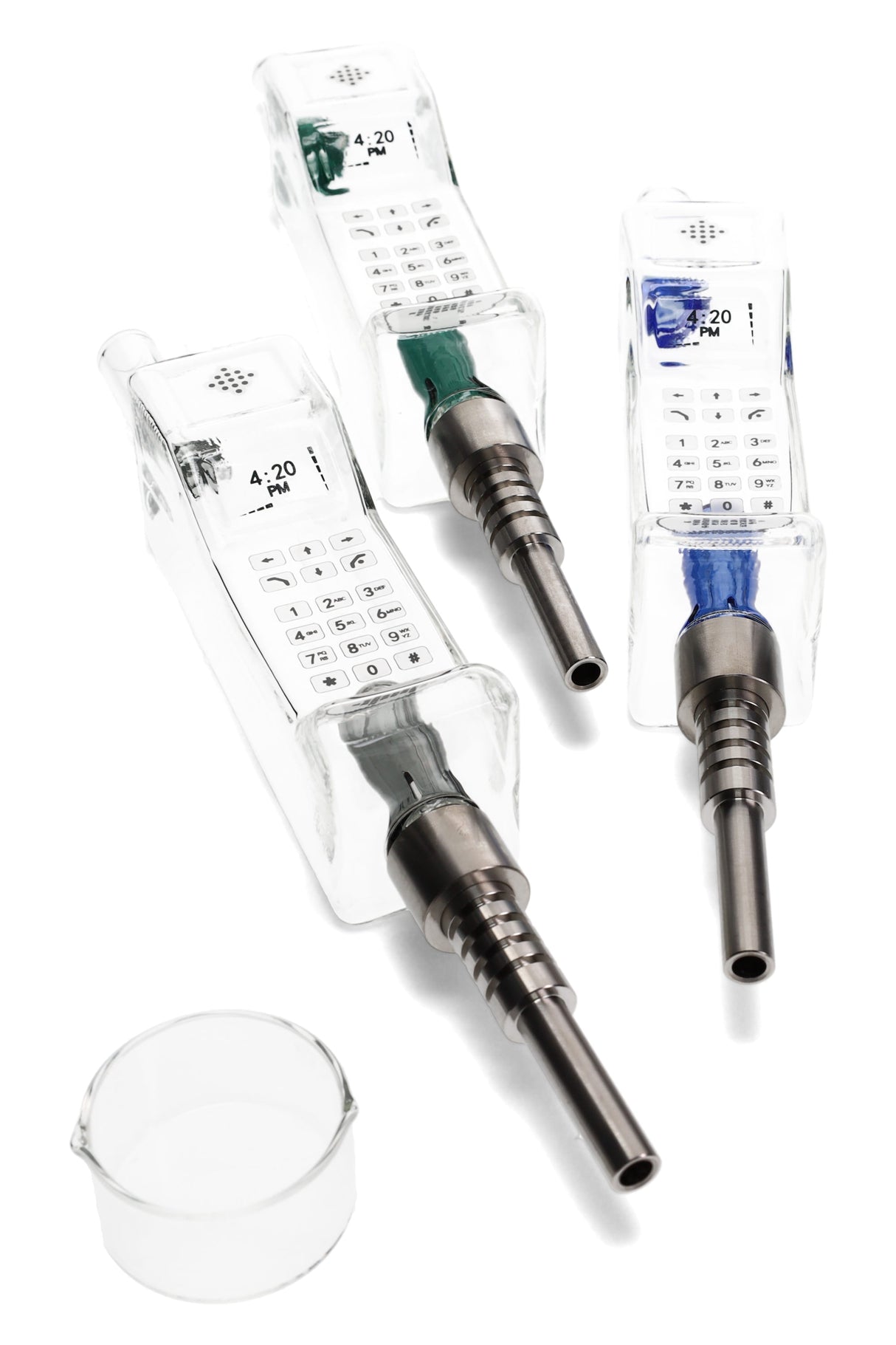 Three phone-shaped glass dab straw kits with metal tips and quartz dish, clear, blue, and green color accents shown on white.