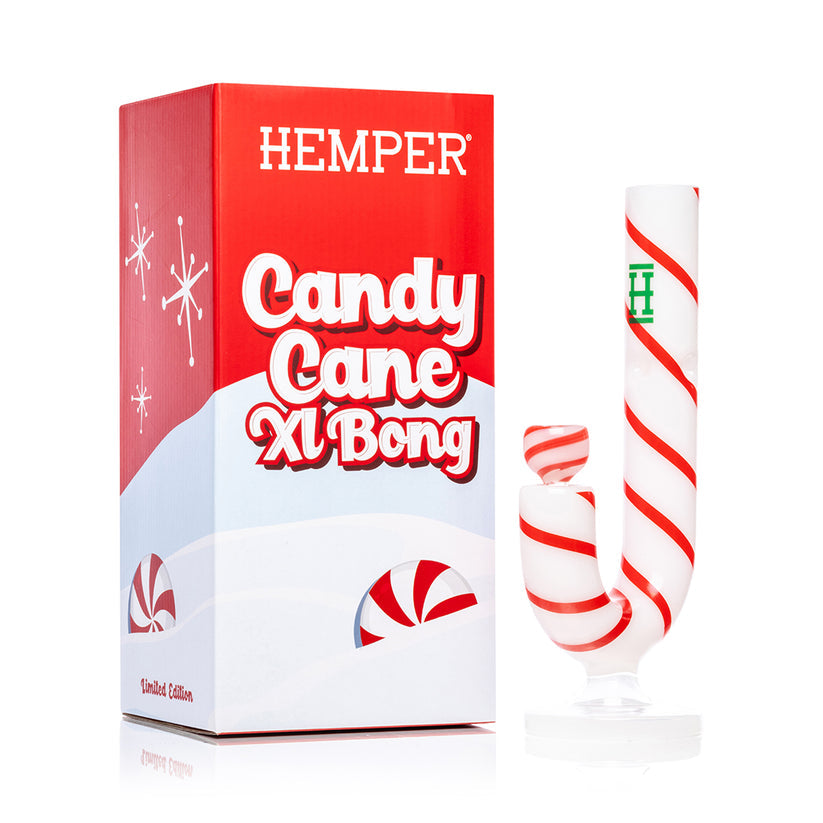 Front display shot of Hemper Candy Cane XL bong next to branded “Candy Cane XL Bong” packaging, ready for seasonal retail shelves.
