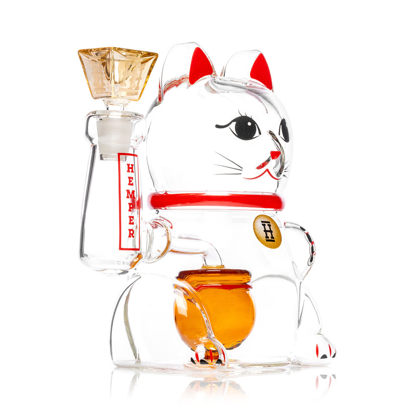 Side angle of 7-inch Hemper Lucky Money Cat XL novelty glass bong highlighting clear kitty body, paw joint and wide base.