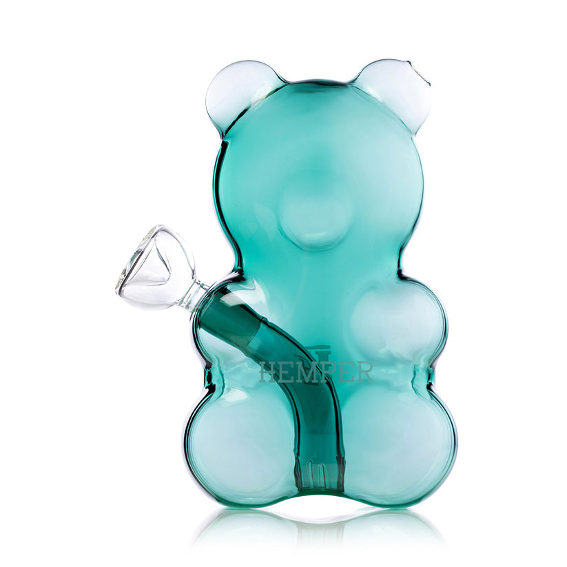 Back view of teal Hemper Gummy Bear 6.5″ glass water pipe showing smooth bear silhouette and internal downstem path through body.