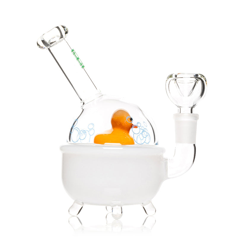 Side profile of Hemper 6-inch Ducky micro glass bong with white bathtub base, clear dome, floating yellow duck perc and 14.5 mm flower bowl joint.