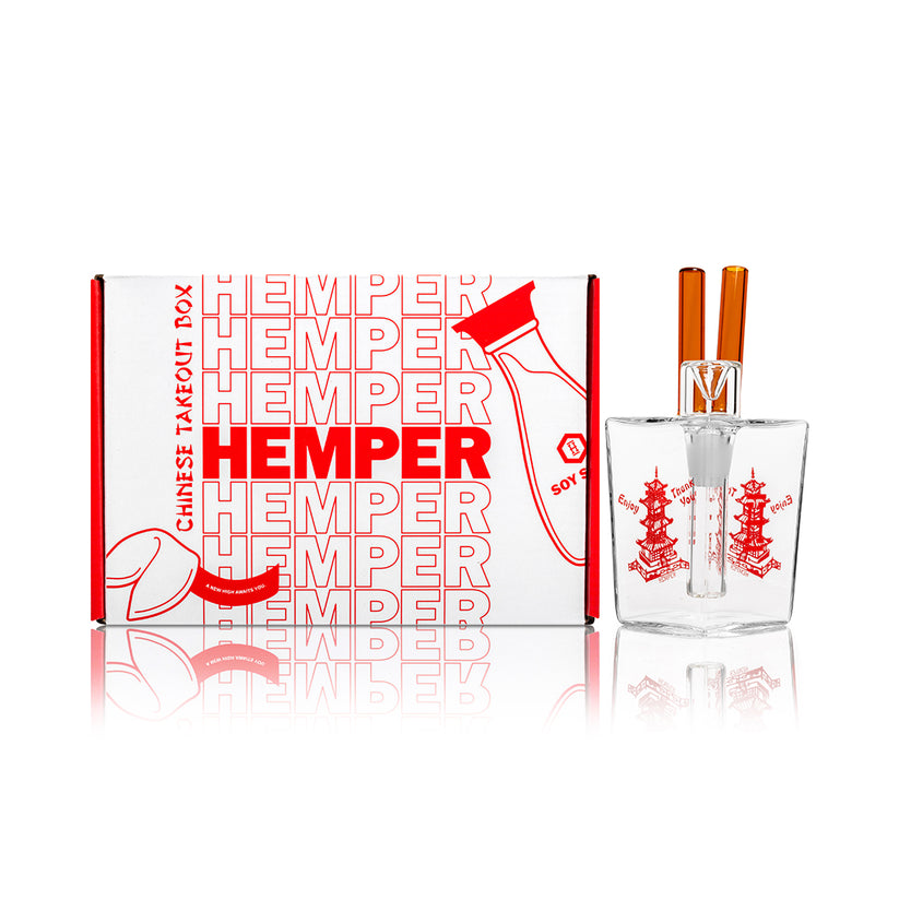 Straight-on studio shot of Hemper Chinese Takeout Box 6-inch novelty bong with red thank-you pagoda graphics and vertical orange chopsticks.